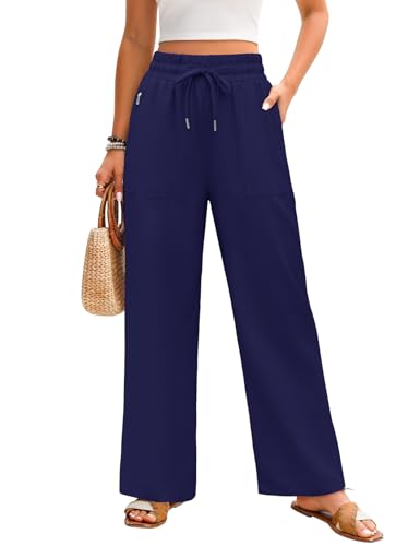 Niwicee Leinenhose Damen Sommer Hohe Taille Leichte Palazzo Hose | Atmungsaktiv & Elastisch Baumwolle-Leinen Weites Bein Freizeithose mit Taschen für Strand, Urlaub und Alltag(Marine,L) von Niwicee