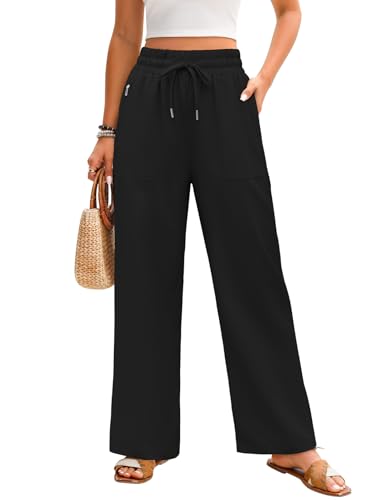 Niwicee Leinenhose Damen Sommer Hohe Taille Leichte Palazzo Hose | Atmungsaktiv & Elastisch Baumwolle-Leinen Weites Bein Freizeithose mit Taschen für Strand, Urlaub und Alltag(Schwarz,M) von Niwicee