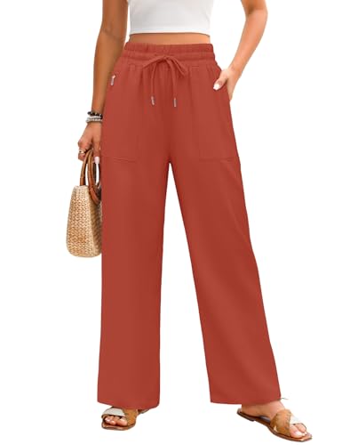 Niwicee Leinenhose Damen Sommer Hohe Taille Leichte Palazzo Hose | Atmungsaktiv & Elastisch Baumwolle-Leinen Weites Bein Freizeithose mit Taschen für Strand, Urlaub und Alltag(Ziegelrot,S) von Niwicee