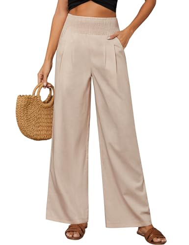 Niwicee Damen Leinenhose Weite Sommerhosen Leicht Fit Trousers High Waist mit Taschen Hosen Trousers Stoffhose Elastischer Bund Damen Einfarbig Lose Gerade Geschnitten-Khaki-S von Niwicee