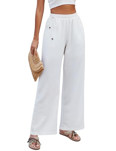 Niwicee Damen Leinenhose Weite Sommerhosen Leicht mit Elastischem Bund Casual Loose Fit Trousers Freizeithose mit Taschen Frauen Hosen Hippie Boho Haremshosen-Weiß-XXL von Niwicee