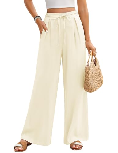 Niwicee Damen Musselin Leinenhose Elegante Sommer Baumwolle Leinen Weite Hose High Waist Lose Casual Sommerhose mit Kordelzug Taschen Elastisch Hohe Taille Freizeithose Strandhose (Beige, L) von Niwicee