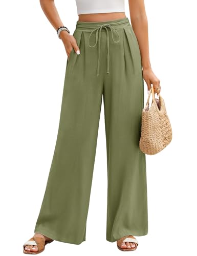 Niwicee Damen Musselin Leinenhose Elegante Sommer Baumwolle Leinen Weite Hose High Waist Lose Casual Sommerhose mit Kordelzug Taschen Elastisch Hohe Taille Freizeithose Strandhose (Grün, XL) von Niwicee