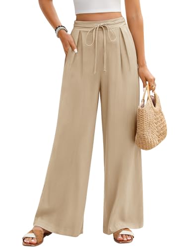 Niwicee Damen Musselin Leinenhose Elegante Sommer Baumwolle Leinen Weite Hose High Waist Lose Casual Sommerhose mit Kordelzug Taschen Elastisch Hohe Taille Freizeithose Strandhose (Khaki, L) von Niwicee