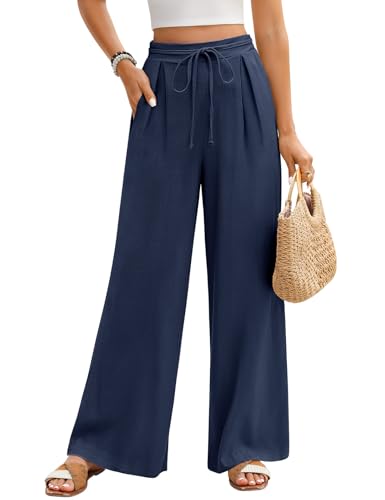 Niwicee Damen Musselin Leinenhose Elegante Sommer Baumwolle Leinen Weite Hose High Waist Lose Casual Sommerhose mit Kordelzug Taschen Elastisch Hohe Taille Freizeithose Strandhose (Marineblau, L) von Niwicee