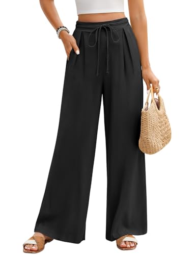 Niwicee Damen Musselin Leinenhose Elegante Sommer Baumwolle Leinen Weite Hose High Waist Lose Casual Sommerhose mit Kordelzug Taschen Elastisch Hohe Taille Freizeithose Strandhose (Schwarz, L) von Niwicee