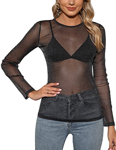 Niwicee Damen T-Shirt Sexy Langarm Transparent Shirt Rundhals Durchsichtige Casual Tops Schwarz Mesh Oberteile Fishnet Sheer Mesh Bluse Tunika Clubwear Party Tops Netzoberteil-C-Blitz-M von Niwicee