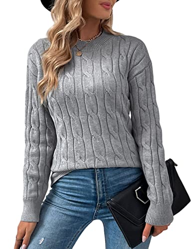 Niwicee Damen Pullover Rundhals Viskose|Baumwolle Unifarben Damen Leichter, Langärmeliger Pullover Mit Rundhalsausschnitt-Hellgrau-L von Niwicee