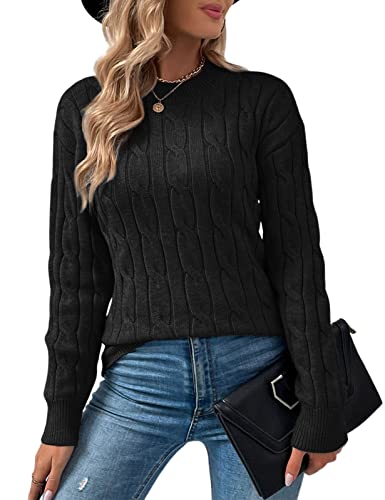 Niwicee Damen Pullover Rundhals Viskose|Baumwolle Unifarben Damen Leichter, Langärmeliger Pullover Mit Rundhalsausschnitt-Schwarz-XL von Niwicee