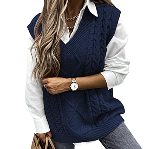 Niwicee Damen PulloverÄrmelloser Weste Pullunder V Ausschnitt Pullover Strickweste Winter Herbst Ärmelloser Strickpullover Armellos Oversize Strickpullover Warm-Dunkelblau-S von Niwicee