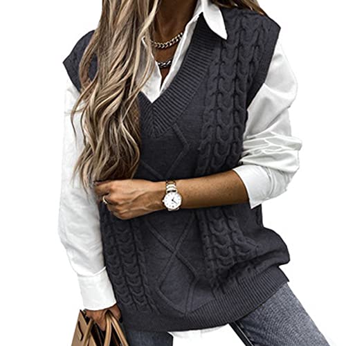 Niwicee Damen PulloverÄrmelloser Weste Pullunder V Ausschnitt Pullover Strickweste Winter Herbst Ärmelloser Strickpullover Armellos Oversize Strickpullover Warm-Grau-2-XL von Niwicee