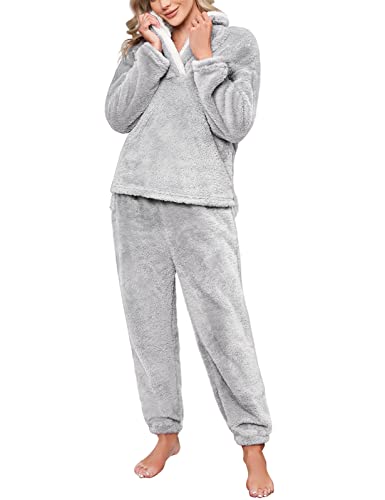 Niwicee Damen Pyjama 2-Set, Lang Pyjama Damen Hausanzug Kuschelig Weich Nachtwäsche Sleepwear Pyjamahose, Polar Fleece Oberteile Hosen Warm Anzug Lose Freizeitanzug Mit Tasche - A-Grau-XXL von Niwicee