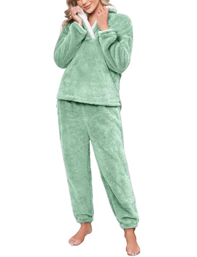 Niwicee Damen Pyjama 2-Set, Lang Pyjamahose, Polar Fleece Oberteile, Hellgrün, L von Niwicee