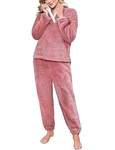 Niwicee Damen Pyjama 2-Set, Lang Pyjamahose, Polar Fleece Oberteile Hosen Warm Anzug Lose Freizeitanzug Mit Tasche - Orange, M von Niwicee