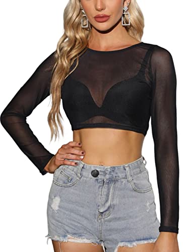 Niwicee Damen T-Shirt Sexy Langarm Transparent Shirt Rundhals Durchsichtige Casual Tops Schwarz Mesh Oberteile Fishnet Sheer Mesh Bluse Tunika Clubwear Party Tops Netzoberteil-F-Short-M von Niwicee