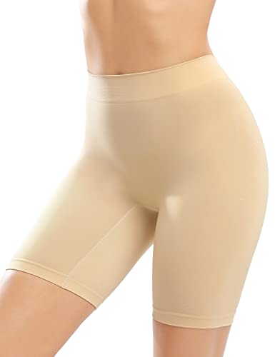 Niwicee Damen Unterhose Radlerhose Kurz Nahtlose Hose Unter Rock Unterwäsche Shorts Slips Anti-Chafing Boxershorts Kurze Leggins Unter Kleid Hohe Taille Slipshorts Sicherheitshose-Beige-L von Niwicee