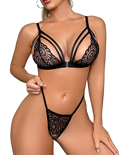 Niwicee Dessous-Set Dame Tiefer V-Ausschnitt Halfter Spitze Reizwäsche Negligee Nachtwäsche Sexy Nachthemd Lingerie Nachtkleid G-String Sleepwear Push up BH und Slip Frauen Unterwäsche-A-Schwarz-XL von Niwicee