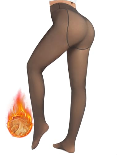 Niwicee Gefütterte Strumpfhose Damen Winter Fleece Strumpfhose Gefüttert Hautfarben Gefälschte Durchscheinend Plüschstrümpfe Pantyhose Wärmende High Waist Warm Plüschstrümpfe (Braun 220g,L-XL) von Niwicee