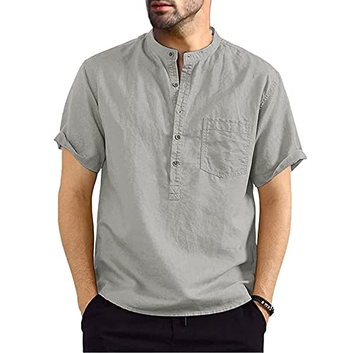 Niwicee Hemden Herren Kurzarm Henley Rundhals Kurzarm,Baumwolle mit Tasche Short Top Regular Fit,Leinenstruktur Freizeithemd T-Shirts Frühling Sommer Casual-Grau-L von Niwicee