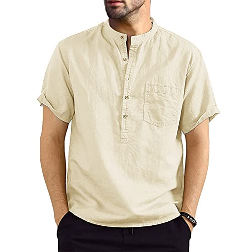 Niwicee Hemden Herren Kurzarm Henley Rundhals Kurzarm,Baumwolle mit Tasche Short Top Regular Fit,Leinenstruktur Freizeithemd T-Shirts Frühling Sommer Casual-Khaki-L von Niwicee