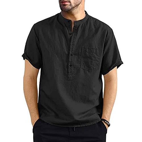 Niwicee Hemden Herren Kurzarm Henley Rundhals Kurzarm,Baumwolle mit Tasche Short Top Regular Fit,Leinenstruktur Freizeithemd T-Shirts Frühling Sommer Casual-Schwarz-L von Niwicee