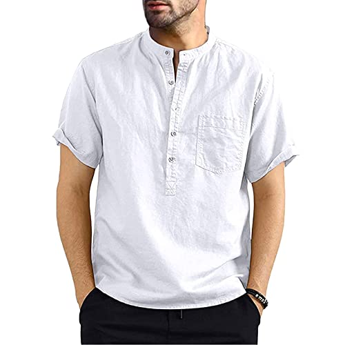 Niwicee Hemden Herren Kurzarm Henley Rundhals Kurzarm,Baumwolle mit Tasche Short Top Regular Fit,Leinenstruktur Freizeithemd T-Shirts Frühling Sommer Casual-Weiß-L von Niwicee