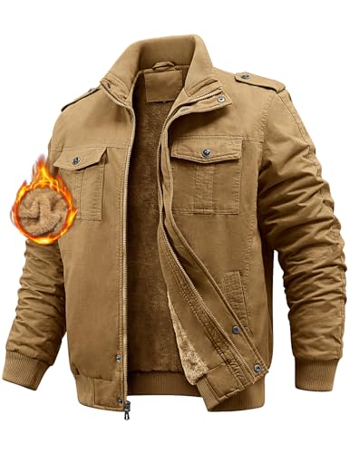 Niwicee Herren Jacken Winterjacke Fleecejacke Übergangsjacke Warmjacke Fleece Gefüttert Cargojacke mit Viele Taschen Thermo Baumwolle Outdoorjacke Mantel Freizeitjacke (Khaki, L) von Niwicee