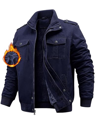 Niwicee Herren Jacken Winterjacke Fleecejacke Übergangsjacke Warmjacke Fleece Gefüttert Cargojacke mit Viele Taschen Thermo Baumwolle Outdoorjacke Mantel Freizeitjacke (Marineblau, XXL) von Niwicee