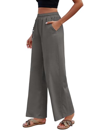 Niwicee Hose Damen Sommer Freizeithose Elegant Baumwolle Leinenhose Elastischer Bund Weites Bein Loose Fit Trousers High Waist mit Taschen Hosen Trousers-Grau-XL von Niwicee