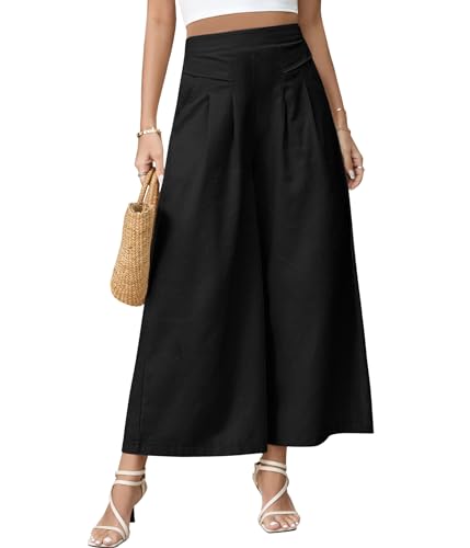 Niwicee Hose Damen Leinenhose Sommer Cropped Freizeithose Weites Bein Hosen Leicht Elegant Baumwolle Bequeme Palazzo Lässig Hose Elastische Taille Sommerhose Stoffhose mit Taschen-Schwarz-L von Niwicee