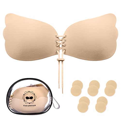 Niwicee Klebe BH Push Up Rückenfrei Trägerloser BH Unsichtbarer BH Unsichtbarer Klebe BH große Brust mit Tunnelzug-Perfektes Dekolleté Für Brautkleid, Badeanzug, Abendkleid, Kleid -Beige-A von Niwicee