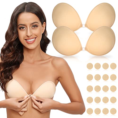 Niwicee Klebe BH Rückenfrei Push Up Trägerloser BH Selbstklebend Silikon Unsichtbar BH Mit 10 Nippel-schutzpaste Wiederverwendbare Für Aalle Rückenfreies Kleid Ballkleid Invisible Bras-Beige*2-B von Niwicee