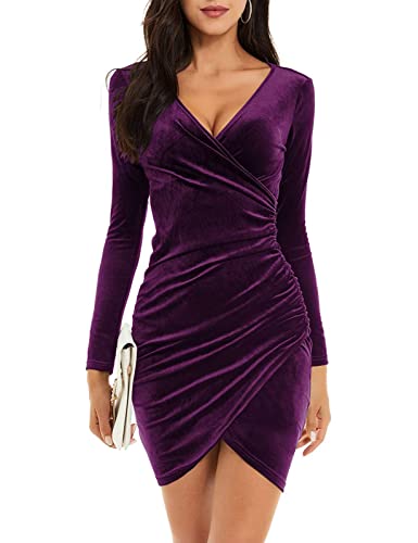 Niwicee Kleid Damen Silvester Weihnachten Sexy Cocktailkleid Winterkleid Abendkleid Langarm Elegant V Samt Bodycon Lang Winter Samt Partykleid Halloween Kleid-Violett-M von Niwicee