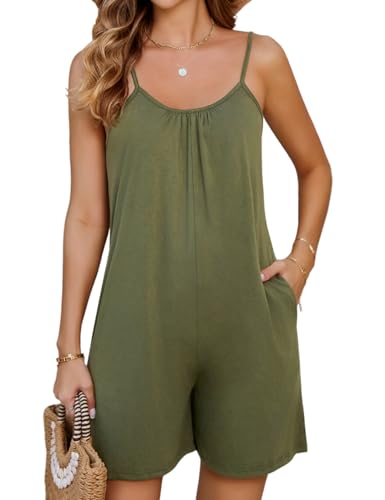 Niwicee Latzhose Damen Sommer Casual Sleeveless Jumpsuits, V-Ausschnitt Verstellbar Schulter Riemen Mit Taschen, Workout Sportkleider Kurz Arbeitshose Sommer Lose Damen Kurz Hosen-Grün-M von Niwicee