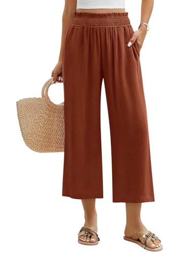Niwicee Leinenhose Damen Hose Sommer 3/4 Culotte Weite Bein Sommerhose Elastische High Waist Leichte Loose Freizeithose Elegante Lounge Hosen mit Taschen (Ziegelrot, S) von Niwicee