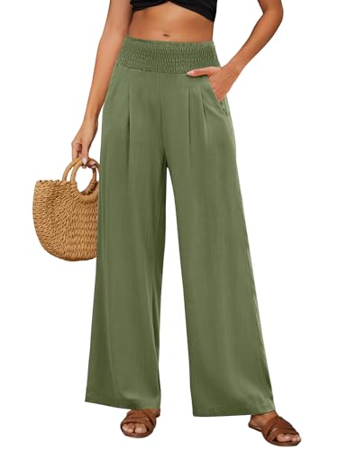Niwicee Leinenhose Damen Sommer Baumwolle Leinen Hose High Waist Geradem Lose Casual Sommerhose mit Taschen Elastisch Hohe Taille Freizeithose Strandhose Lang Leichte(Grün, L) von Niwicee