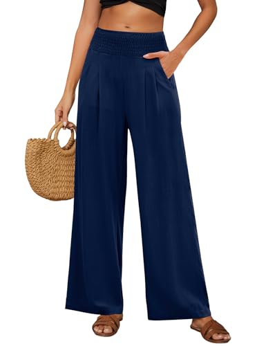 Niwicee Leinenhose Damen Sommer Baumwolle Leinen Hose High Waist Geradem Lose Casual Sommerhose mit Taschen Elastisch Hohe Taille Freizeithose Strandhose Lang Leichte (Marineblau, M) von Niwicee