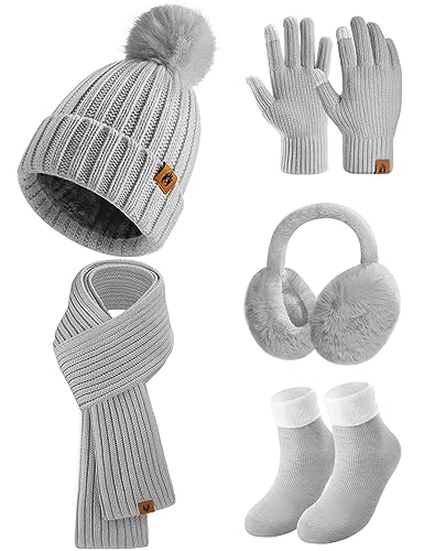 Niwicee Mütze Schal Handschuhe Damen Winter Set Dicke Socken Plüsch Ohrenschützer Kombi Strickmütze Gestrickte Schal Wärmer Fleece Gefütterte Geschenke -Grau- von Niwicee