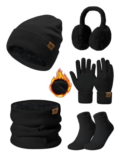 Niwicee Mütze Schal Handschuhe Damen Winter Set Fleece Gefütterte Wärmer Loop Schlauchschal Touchscreen Handschuhe Beanie Strickmütze Dicke Socken Plüsch Ohrenschützer Kombi Set 5 Stücke (Schwarz) von Niwicee