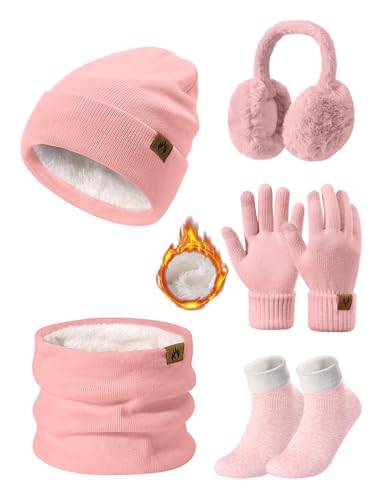Niwicee Mütze Schal Handschuhe Damen Winter Set Fleece Gefütterte Wärmer Loop Schlauchschal Touchscreen Handschuhe Beanie Strickmütze Dicke Socken Plüsch Ohrenschützer Kombi Set 5 Stücke (Rosa) von Niwicee