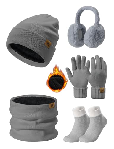 Niwicee Mütze Schal Handschuhe Damen Winter Set Fleece Gefütterte Wärmer Loop Schlauchschal Touchscreen Handschuhe Beanie Strickmütze Dicke Socken Plüsch Ohrenschützer Kombi Set 5 Stücke (Grau) von Niwicee
