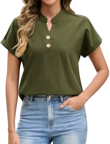 Niwicee Musselin Bluse Damen Sommer Baumwolle Tshirt V-Ausschnitt Kurzarm Oberteile Solide Casual Button-Down Tops Basic Elegant Lässige Blusen (Grün, L) von Niwicee