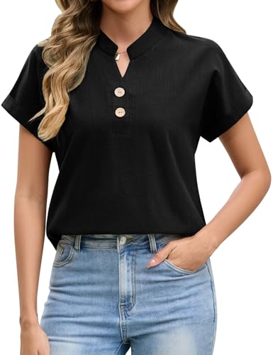 Niwicee Musselin Bluse Damen Sommer Baumwolle Tshirt V-Ausschnitt Kurzarm Oberteile Solide Casual Button-Down Tops Basic Elegant Lässige Blusen (Schwarz, XL) von Niwicee