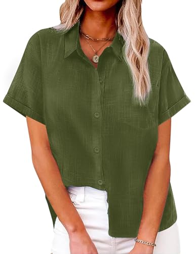 Niwicee Musselin Bluse Damen Sommer V-Ausschnitt Button-Down Shirt 100% Baumwolle Elegante Bluse Loose Fit Kurzarm Casual Basic Top (Armeegrün, L) von Niwicee