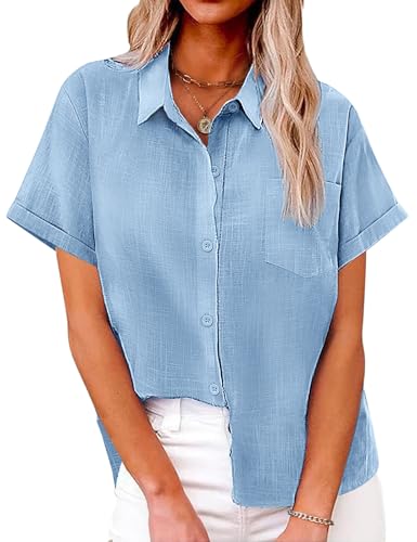 Niwicee Musselin Bluse Damen Sommer V-Ausschnitt Button-Down Shirt 100% Baumwolle Elegante Bluse Loose Fit Kurzarm Casual Basic Top (Blau, M) von Niwicee