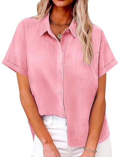 Niwicee Musselin Bluse Damen Sommer V-Ausschnitt Button-Down Shirt 100% Baumwolle Elegante Bluse Loose Fit Kurzarm Casual Basic Top (Rosa, L) von Niwicee