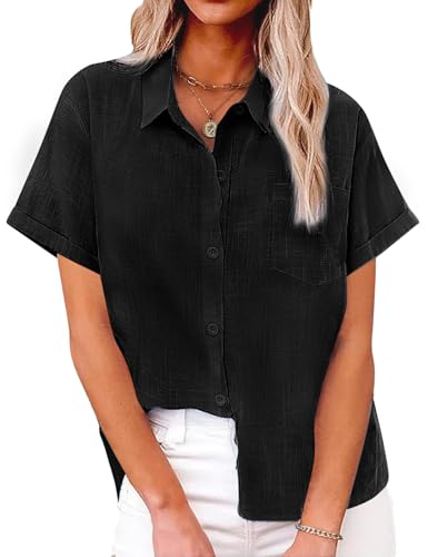 Niwicee Musselin Bluse Damen Sommer V-Ausschnitt Button-Down Shirt 100% Baumwolle Elegante Bluse Loose Fit Kurzarm Casual Basic Top (Schwarz, M) von Niwicee