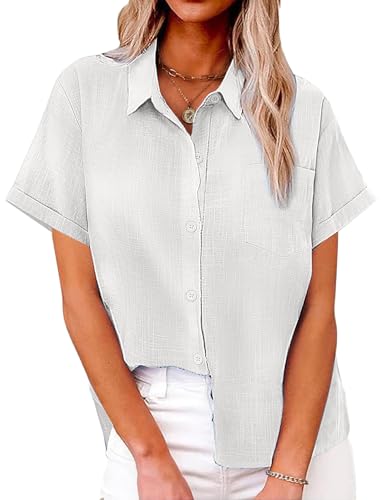Niwicee Musselin Bluse Damen Sommer V-Ausschnitt Button-Down Shirt 100% Baumwolle Elegante Bluse Loose Fit Kurzarm Casual Basic Top (Weiß, M) von Niwicee