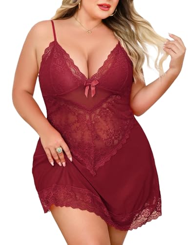 Niwicee Negligee Damen Sexy Dessous Große Größen Sexy Babydoll Dessous Set Reizwäsche Damen Mollig Dessous Unterwäsche Curvy Nachtwäsche Frauen Spitze V-Ausschnitt (Burgunderrot,XXL) von Niwicee