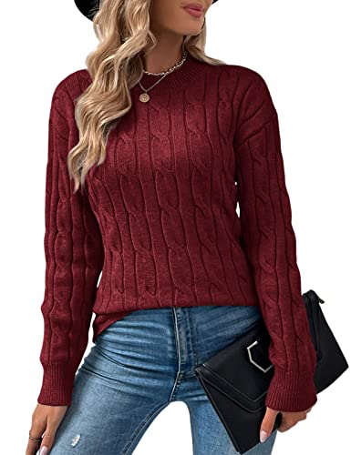 Niwicee Pullover Damen Strickpullover Basic Strick-Pulli Grobstrick Rundhals, Langarm-Sweatshirt Jumper Casual Unifarben Cable Knit-Weinrot-XL von Niwicee
